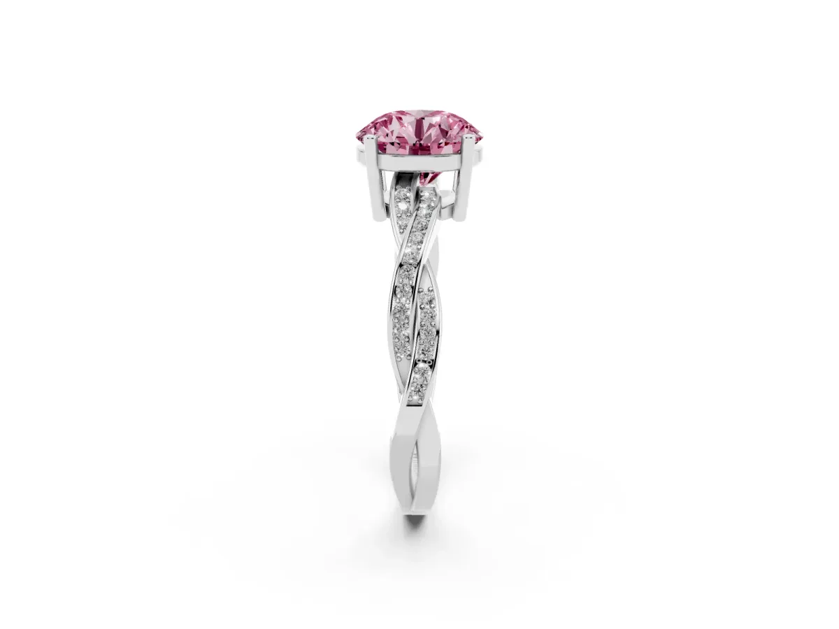 Fancy Pink Round Cut Solitaire Twisted Pave Diamond Ring with Four-Prong Setting White gold