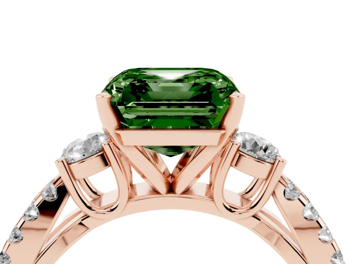 Fancy Green Asscher Cut Diamond Three-Stone Ring with Pavé Split Shank and Four-Prong Setting Rose gold