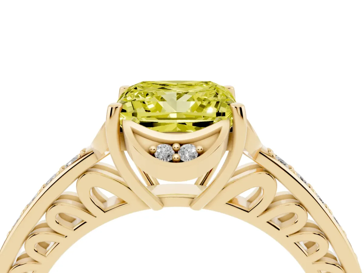 Fancy Yellow Princess Cut Cut Halo Diamond Ring with Channel Set Band and Four-Prong Setting Yellow gold