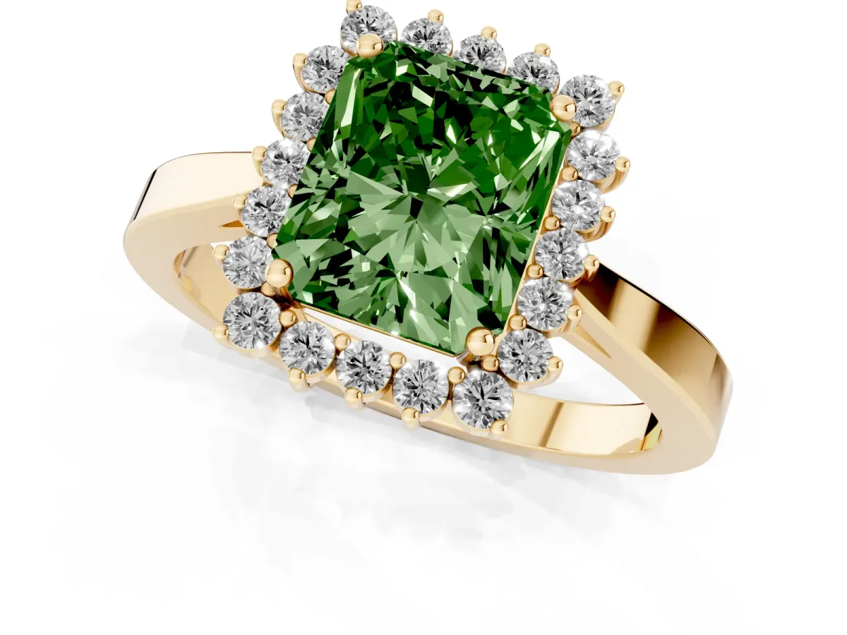 Fancy Green Radiant Cut Cut Diamond Halo Ring with Round Brilliant Halo and Solitaire Band Yellow gold