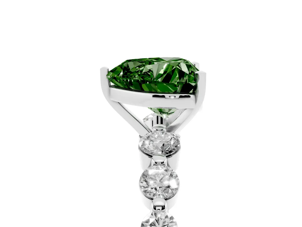 Fancy Green Heart Cut Solitaire Diamond Ring with Pave Band and Four-Prong Setting Silver