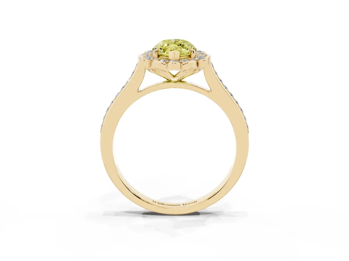 Fancy Yellow Marquise Cut Halo Round Diamond Pave Band with Four-Prong Setting Yellow gold