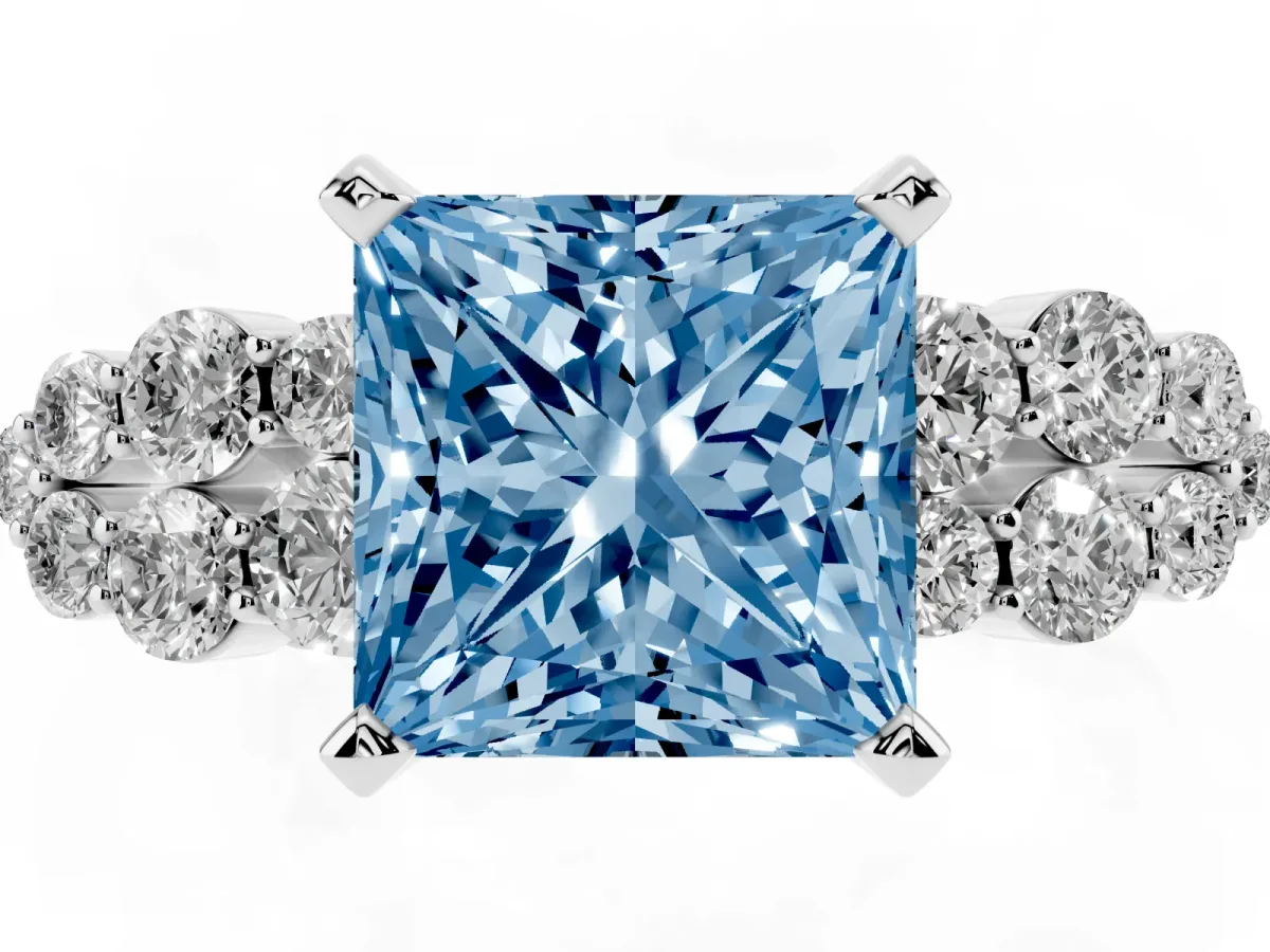 Fancy Blue Princess Cut Cluster Diamond Engagement Ring with Pavé Band and Four-Prong Setting Silver