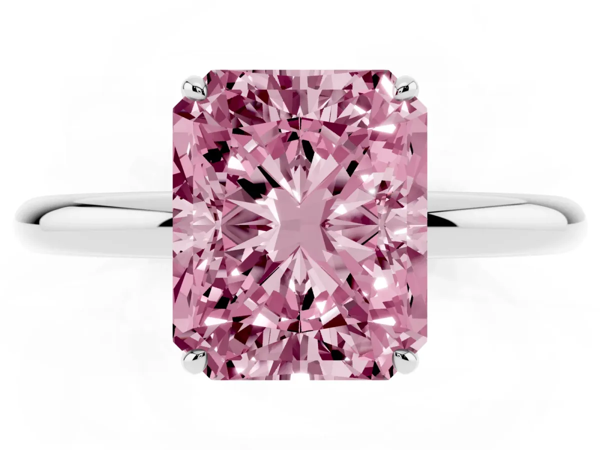 Fancy Pink Radiant Cut Solitaire Diamond Ring with Four-Prong Setting on a Plain Band Platinum