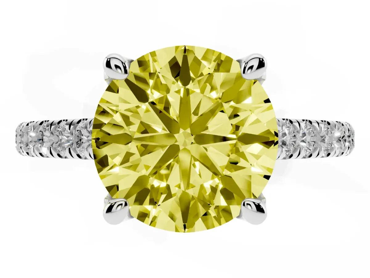 Fancy Yellow Round Cut Brilliant Diamond Solitaire with Pavé Band and Four-Prong Setting White gold
