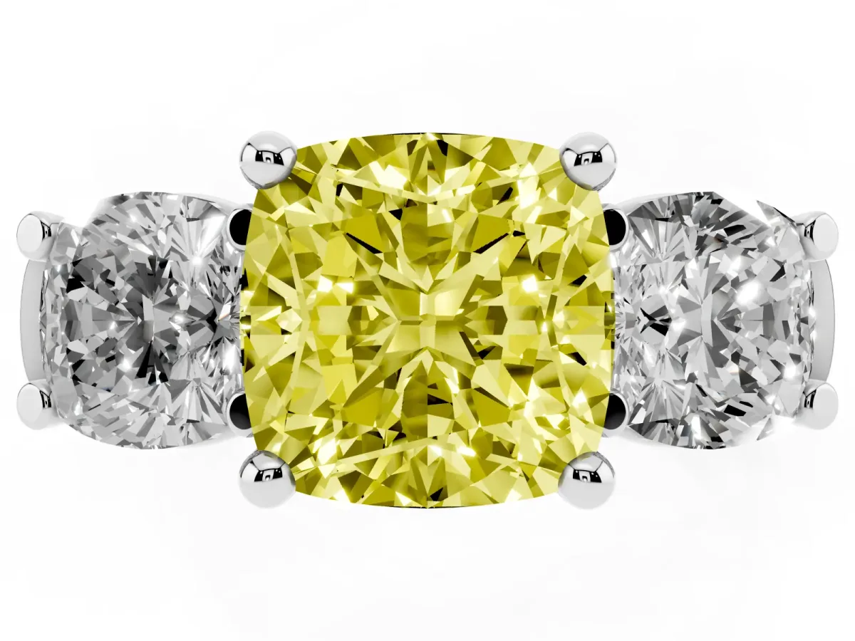 Fancy Yellow Three-Stone Cushion Cut Brilliant Diamond Trellis Ring with Comfort Fit Band White gold