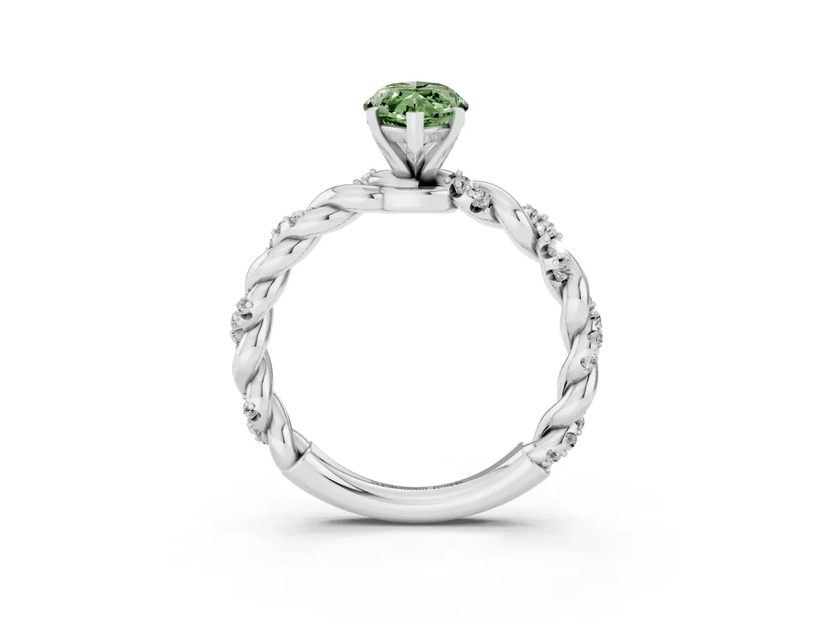 Fancy Green Marquise Cut Diamond Solitaire Ring with Twisted Band and Pavé Accents Silver