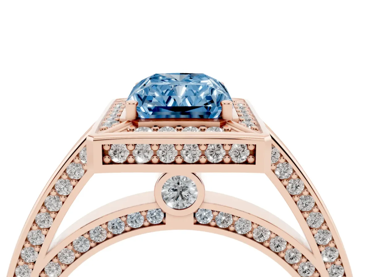 Fancy Blue Radiant Cut Cut Halo Pave Split Shank Prong Setting Ring Rose gold