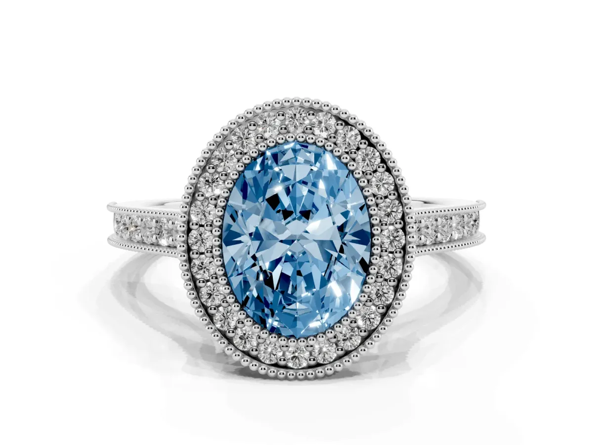 Fancy Blue Halo Oval Cut-Cut Diamond Pave Band Milgrain Prong Setting Ring Silver