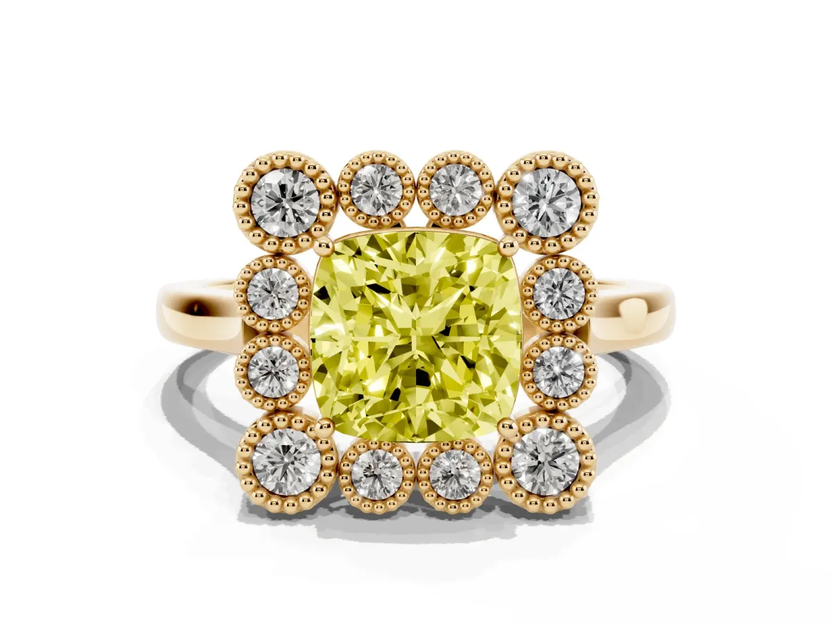 Fancy Yellow Cushion Cut Halo Diamond Cluster Engagement Ring with Milgrain Bezel Setting and Solitaire Band Yellow gold