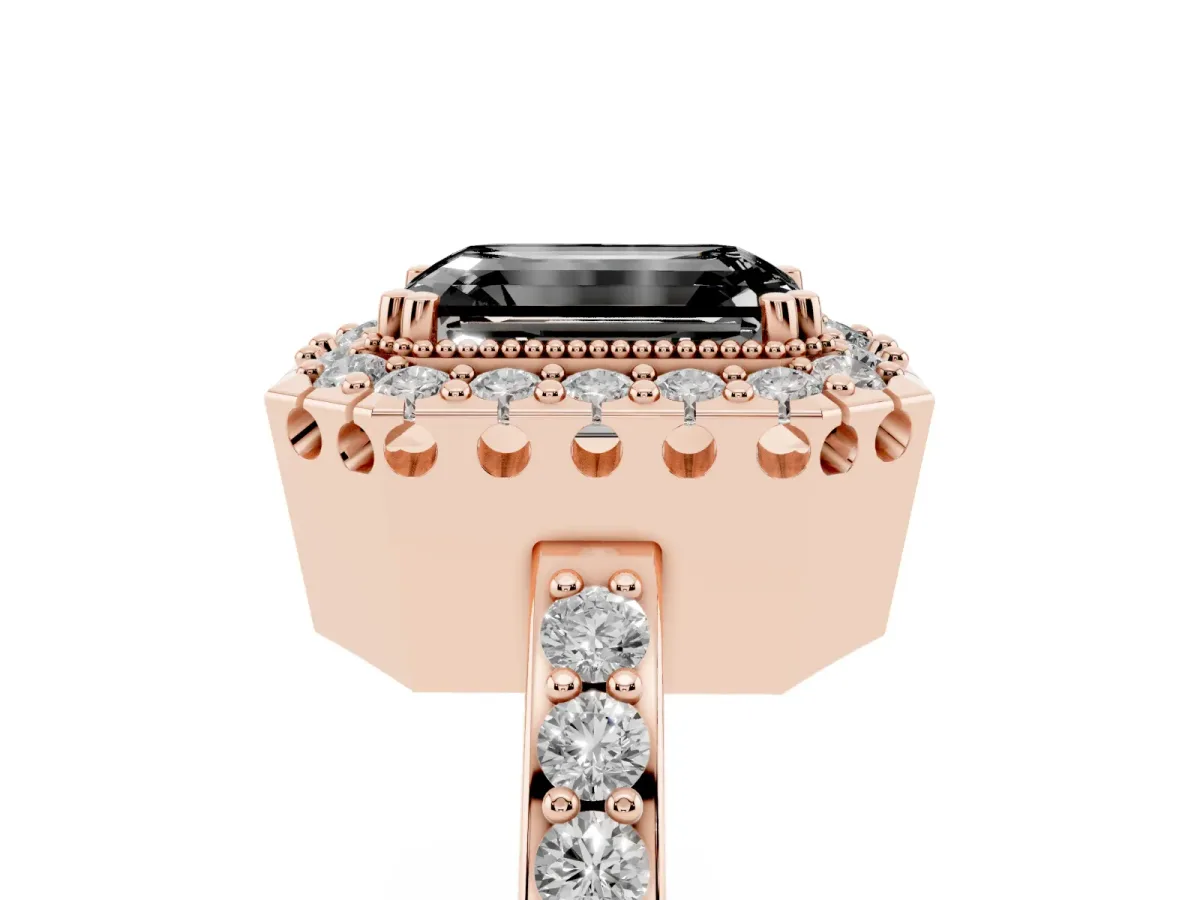 Fancy Black Emerald Cut Diamond Halo Ring with Pavé Band and Prong Setting Rose gold