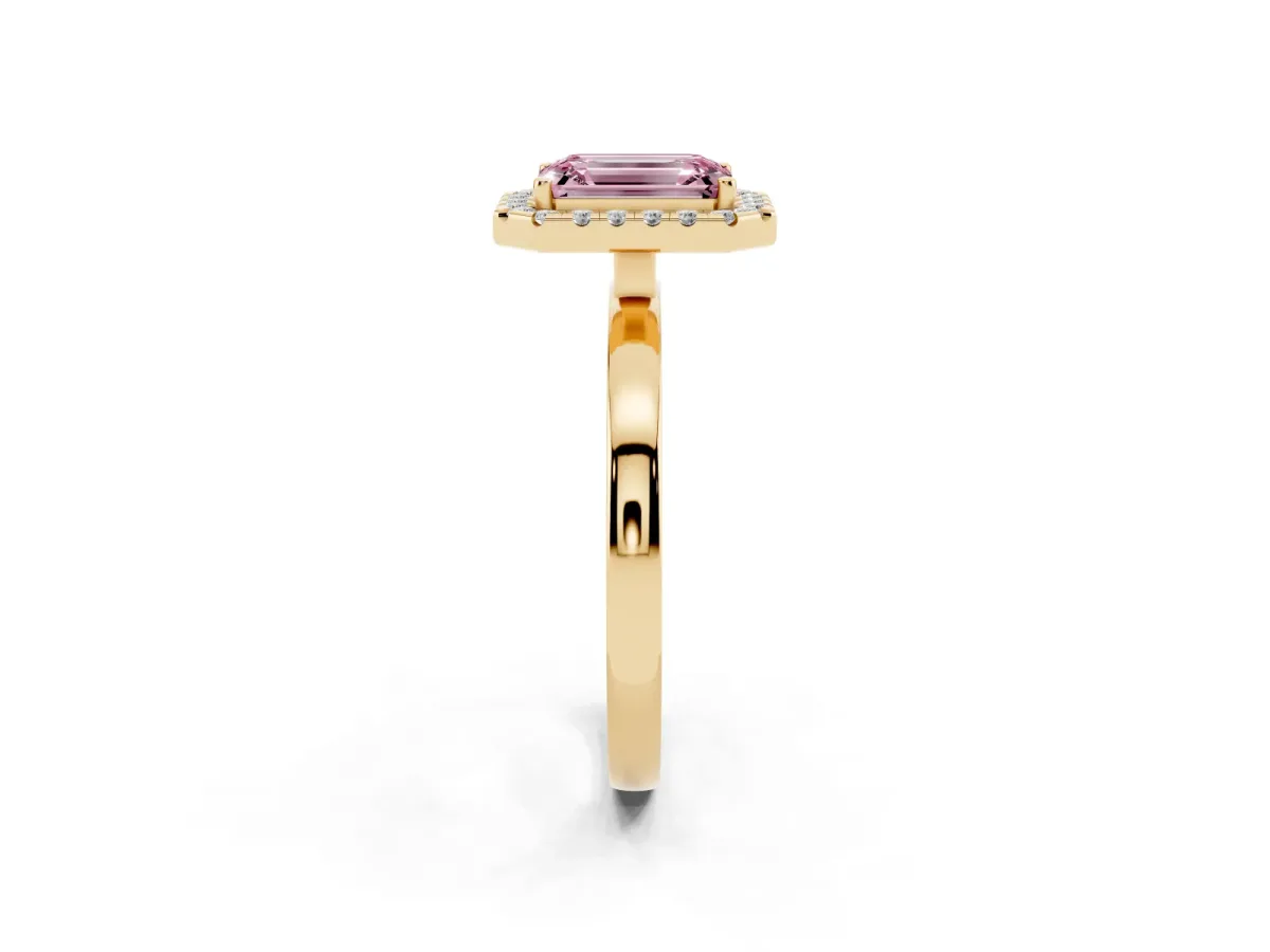 Fancy Pink Emerald Cut Halo Diamond Solitaire with Pavé Band and Four-Prong Setting Yellow gold