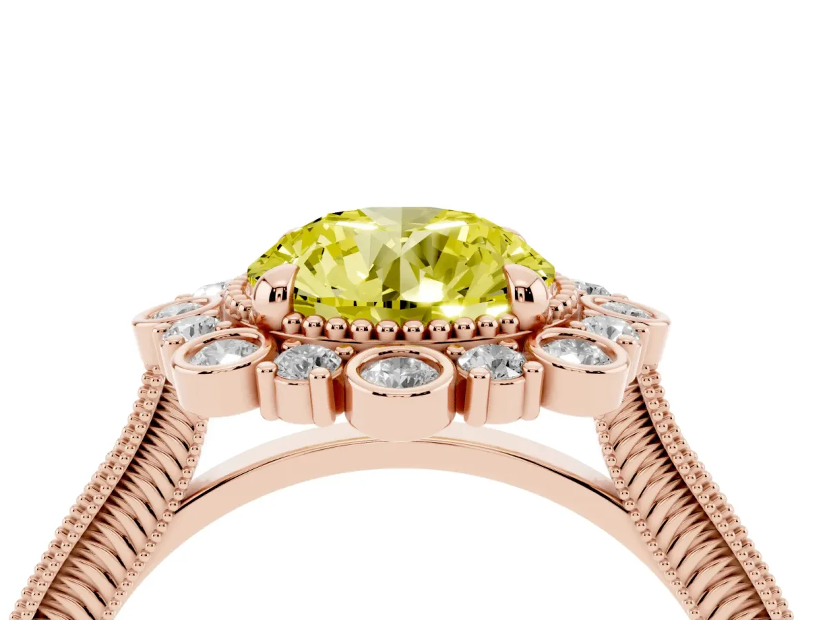 Fancy Yellow Round Cut Halo Milgrain Pave Diamond Ring with Four-Prong Setting Rose gold