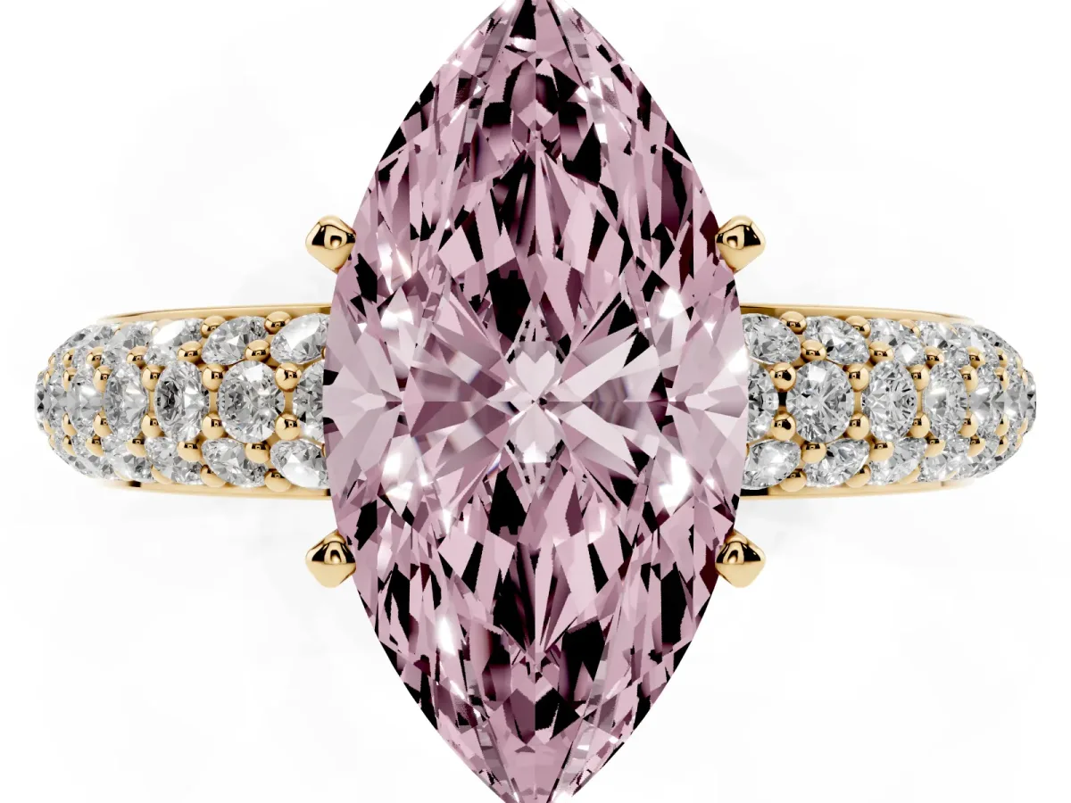 Fancy Pink Marquise Cut Diamond Solitaire Ring with Prong Setting and Pavé Band Yellow gold
