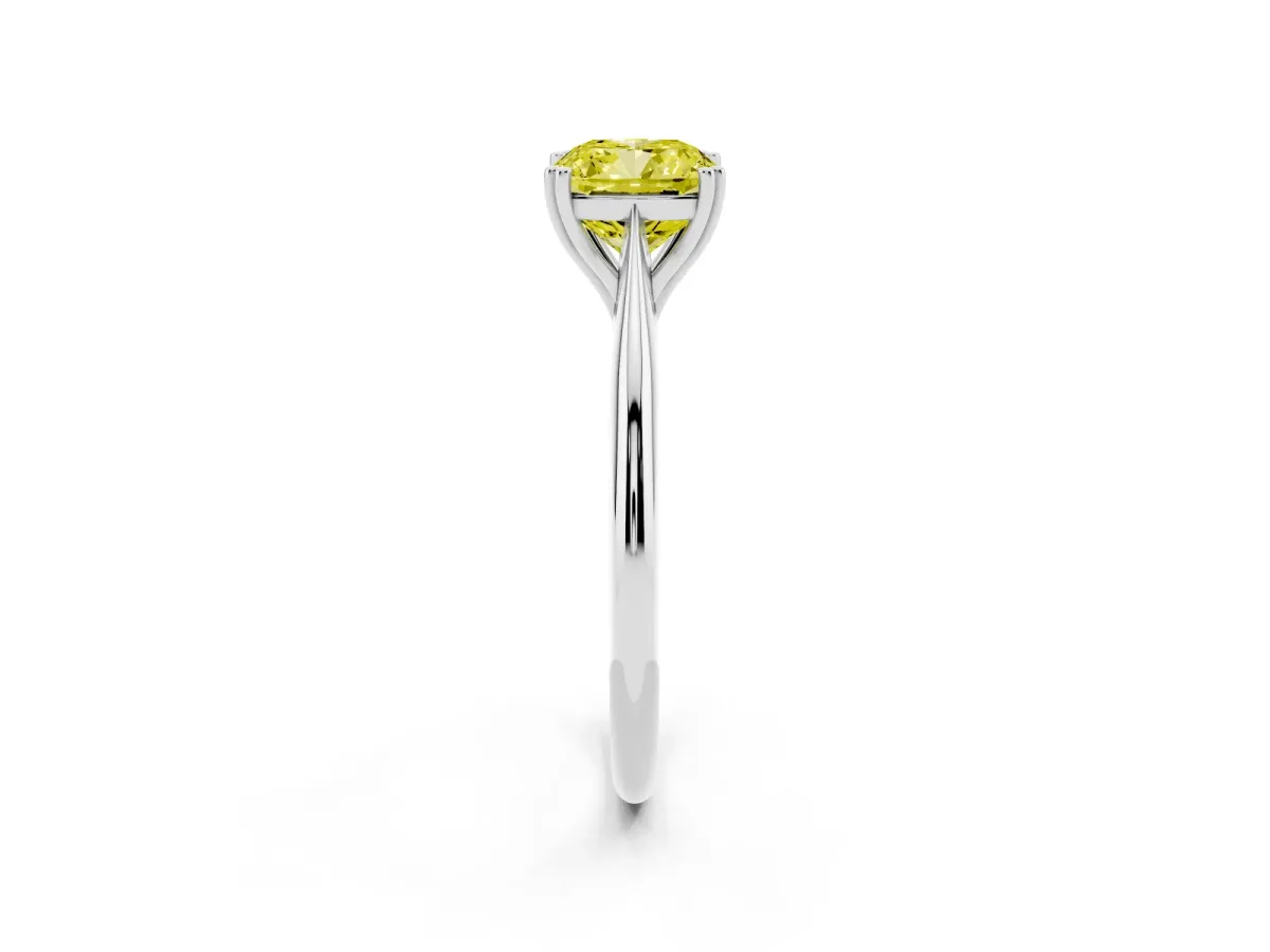 Fancy Yellow Cushion Cut Solitaire Diamond Ring with Six-Prong Setting and Classic Band Silver