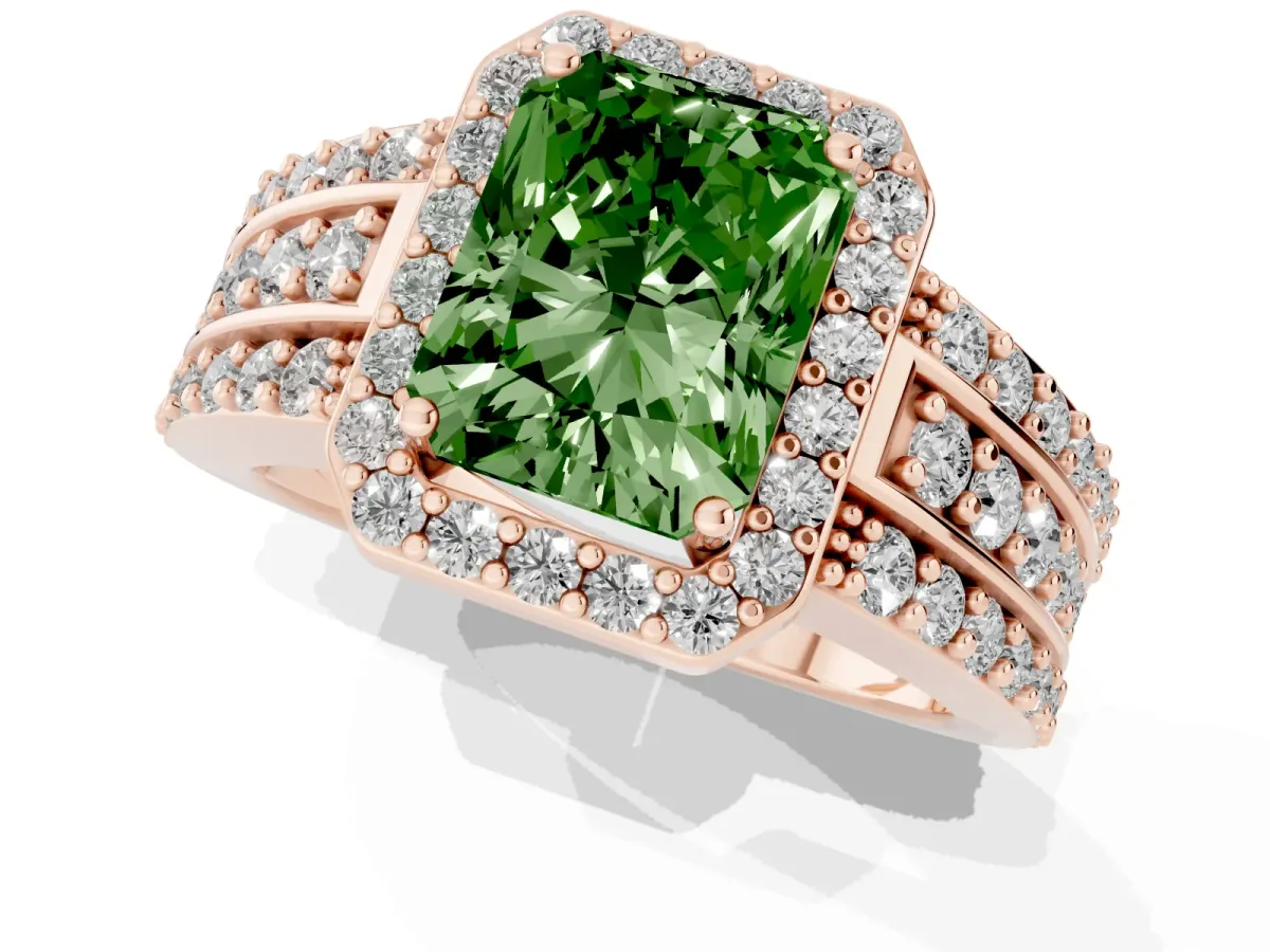Fancy Green Radiant Cut Halo Diamond Ring with Round Split Shank and Prong Setting Rose gold