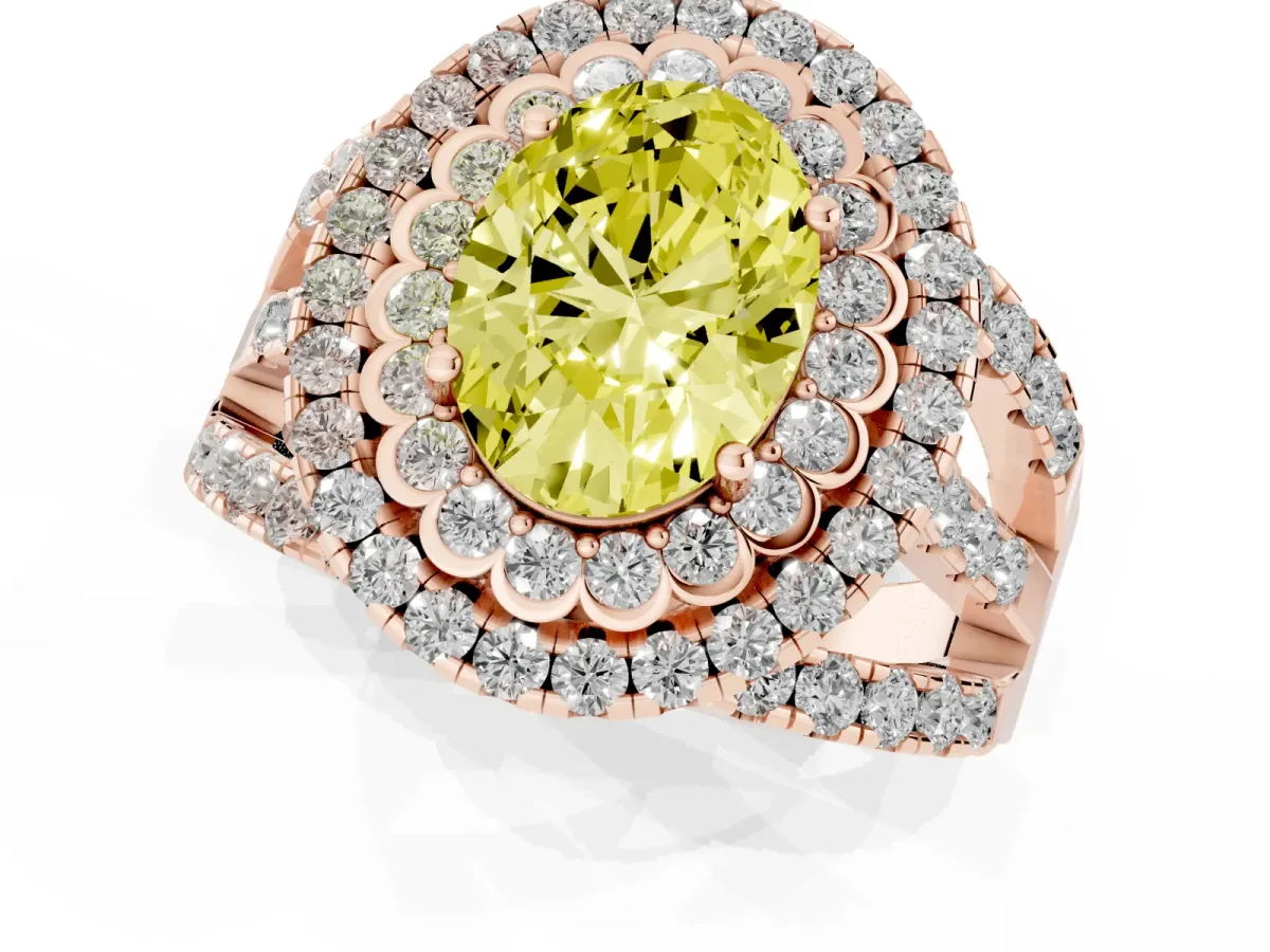 Fancy Yellow Oval Cut Diamond Double Halo Ring with Round Pavé Split Shank and Prong Setting Rose gold