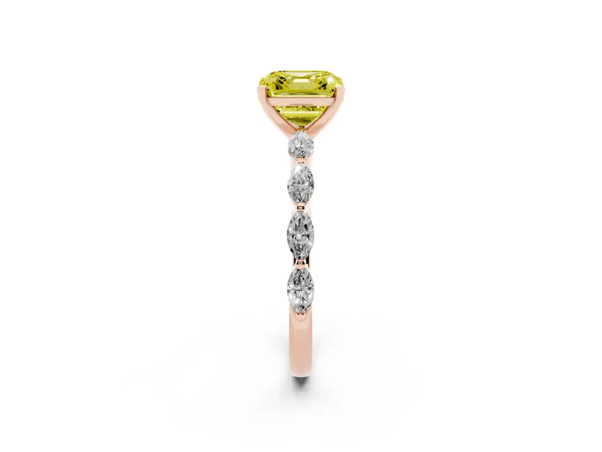 Fancy Yellow Asscher Cut Diamond Ring with Marquise Side Stones and Prong Setting Rose gold