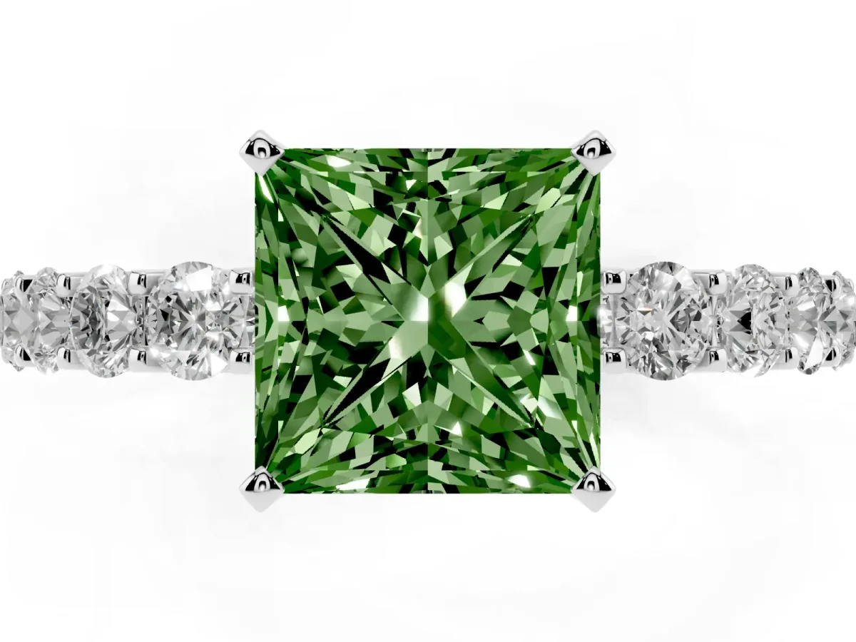 Fancy Green Princess Cut Diamond Solitaire Ring with Shared Prong Pavé Band and Four-Prong Setting Silver