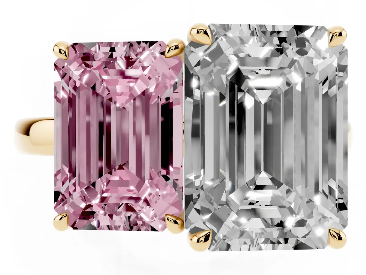 Fancy Pink Emerald Cut and Emerald Cut Toi Moi Ring with Prong Setting Yellow gold