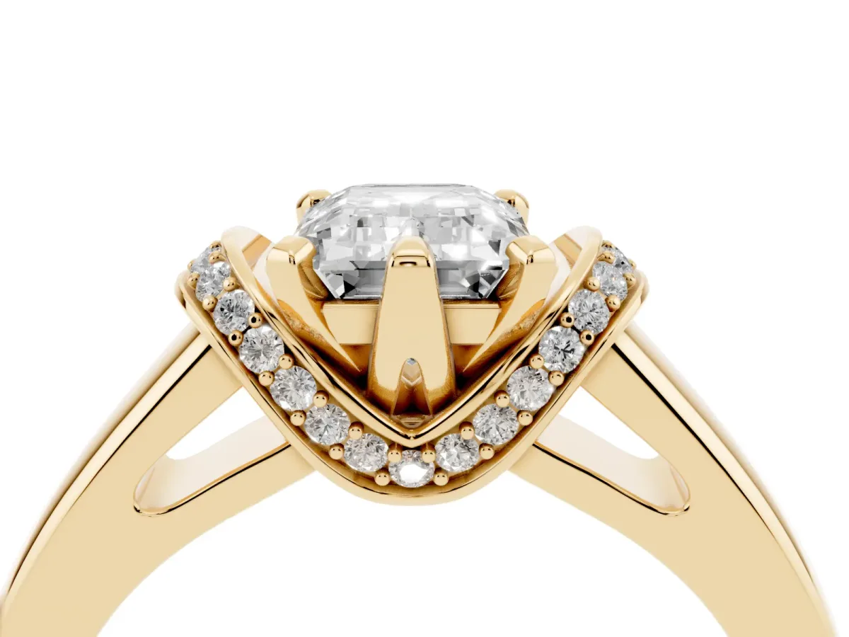Emerald Cut Solitaire Diamond Ring with Pave Band and Six-Prong Setting Yellow gold