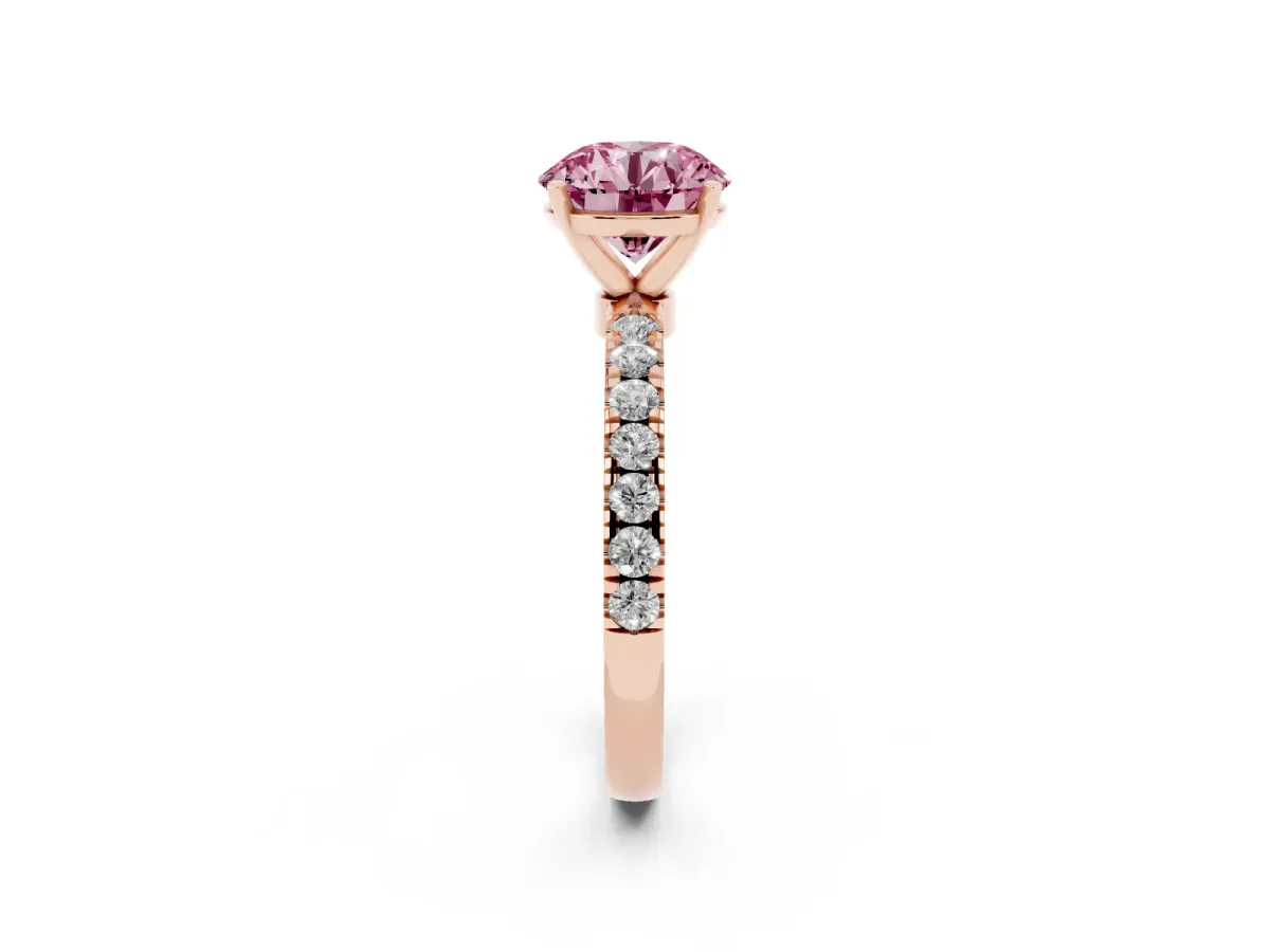 Fancy Pink Round Cut Diamond Solitaire Ring with Pavé Accents and Four-Prong Setting Rose gold