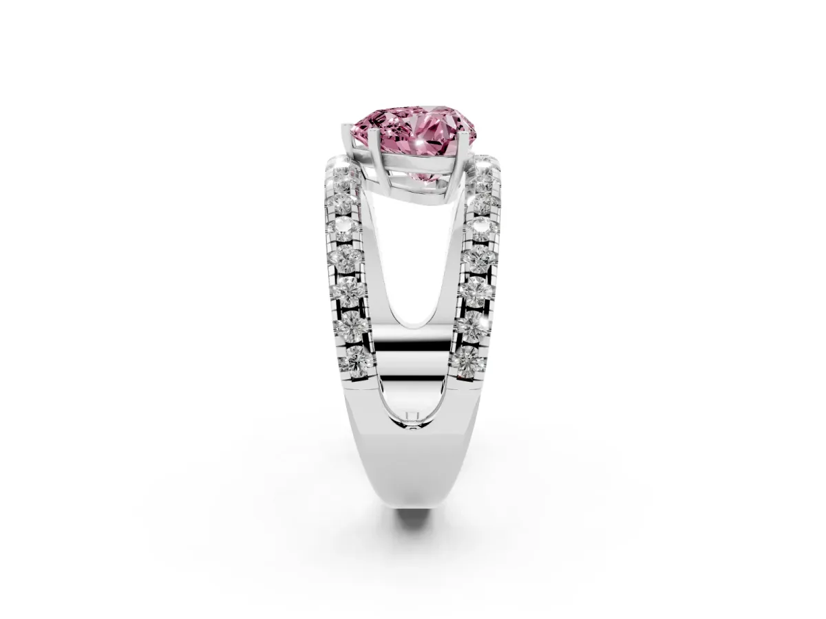 Fancy Pink Heart Cut Solitaire Split Shank Pave Diamond Ring White gold
