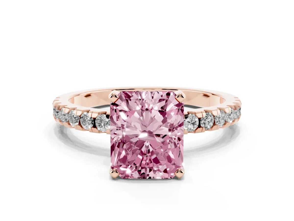 Fancy Pink Radiant Cut Diamond Solitaire Ring with Round Pavé Band and Four-Prong Setting Rose gold