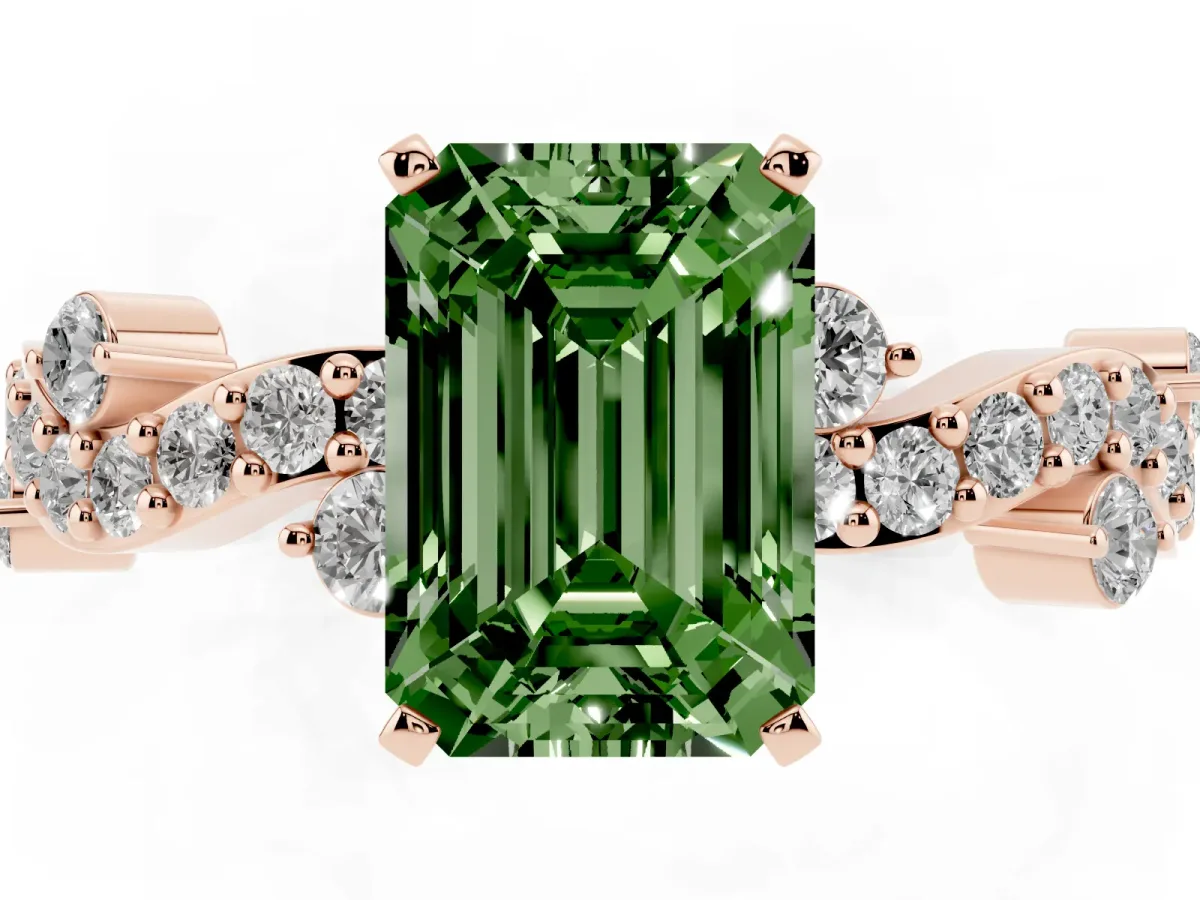 Fancy Green Emerald Cut Cut Solitaire Diamond Twisted Band with Pave Setting Rose gold