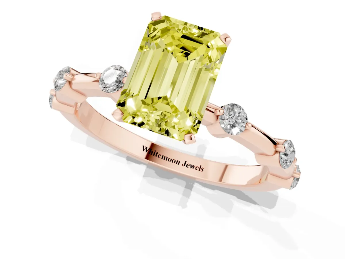 Fancy Yellow Emerald Cut Solitaire Diamond Ring with Bezel Set Side Stones and Prong Setting Rose gold