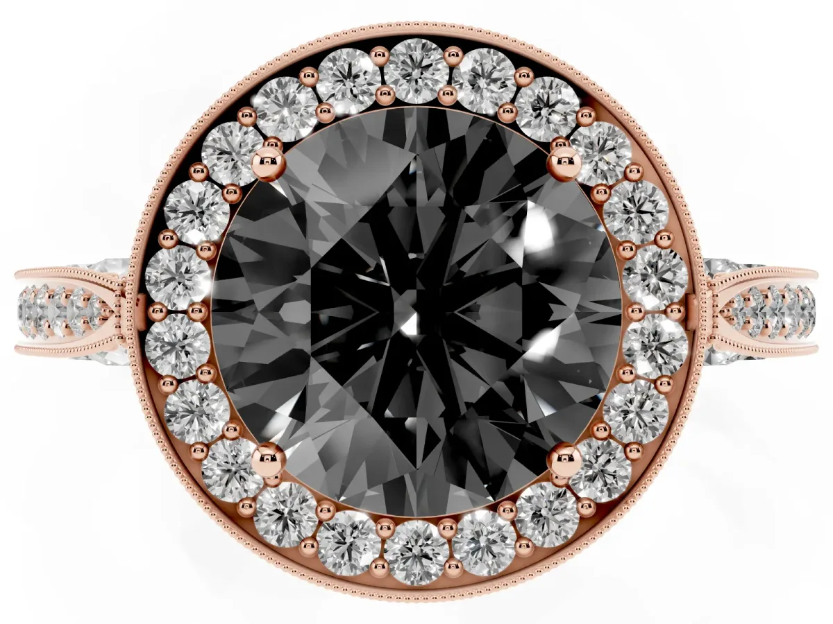 Fancy Black Round Cut Halo Diamond Engagement Ring with Split Shank Band and Four-Prong Setting Rose gold