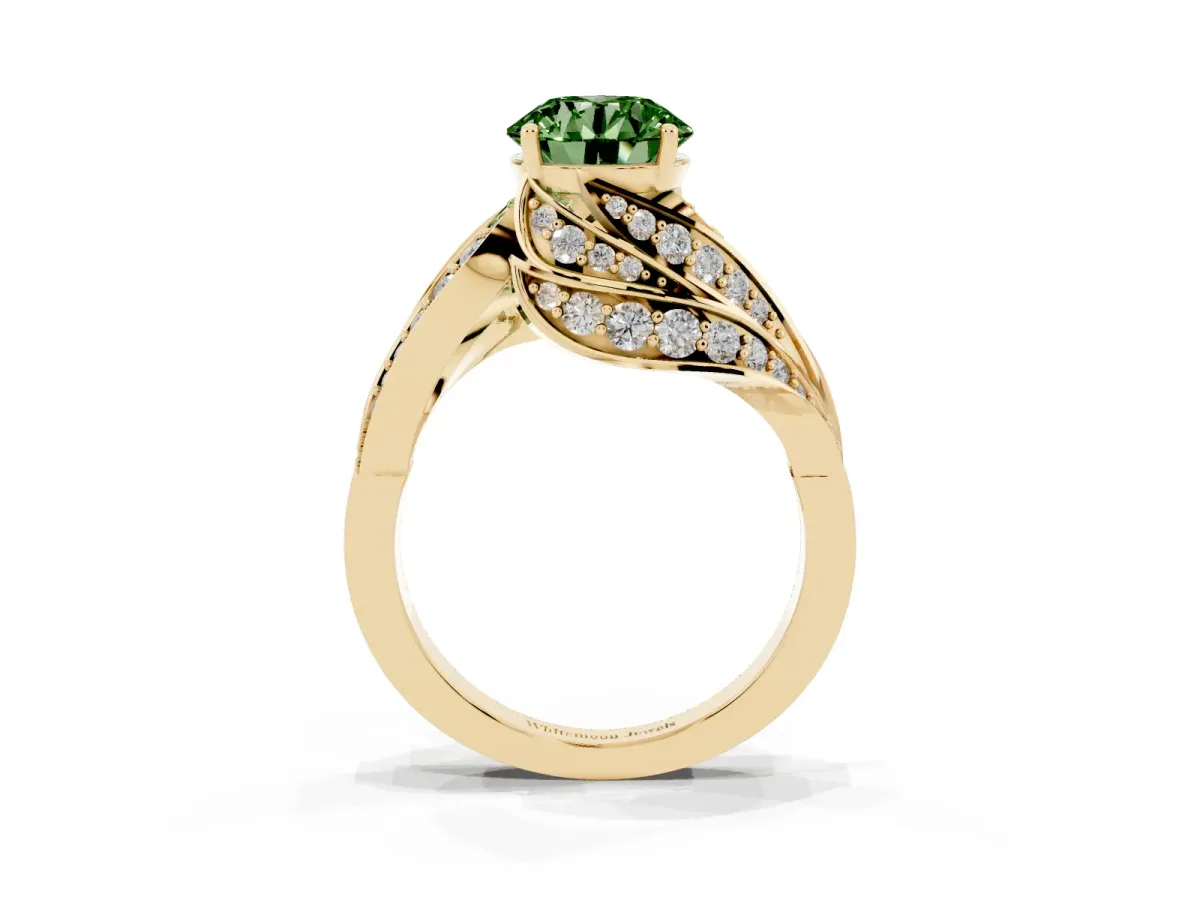Fancy Green Round Cut Diamond Solitaire Ring with Prong Setting and Twisted Pavé Band Yellow gold