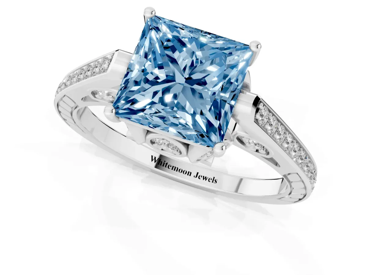 Fancy Blue Princess Cut Cut Cathedral Pave Diamond Engagement Ring with Six-Prong Setting Silver