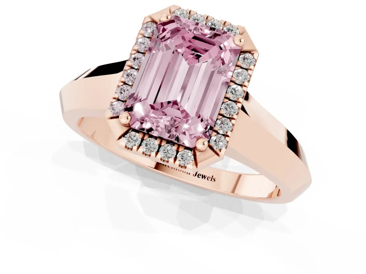 Fancy Pink Emerald Cut Halo Diamond Ring with Cathedral Band and Four-Prong Setting Rose gold