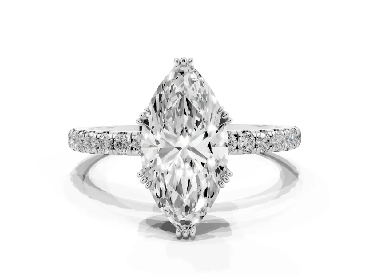 Marquise Cut Brilliant Solitaire with Pavé Band and Claw Prong Setting White gold