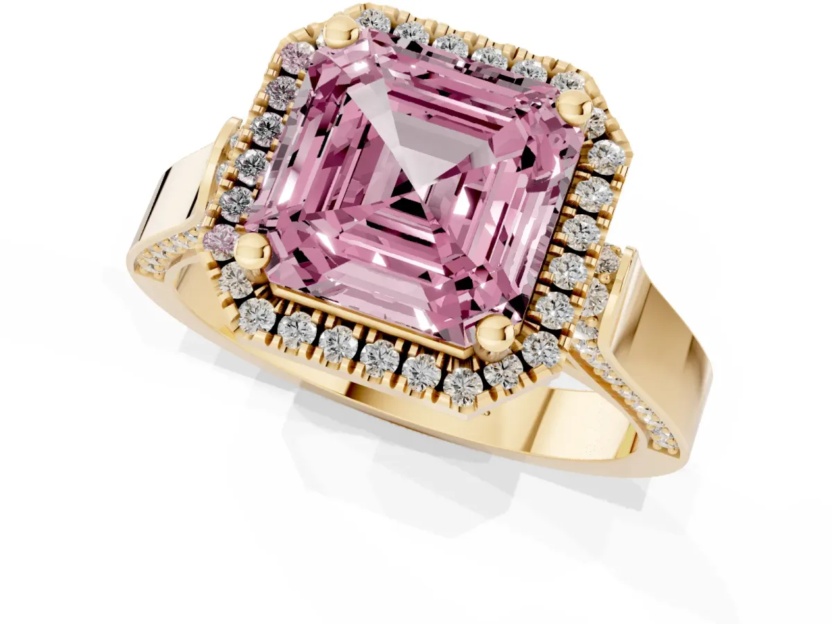 Fancy Pink Asscher Cut Halo Pave Split Shank Prong Setting Ring Yellow gold