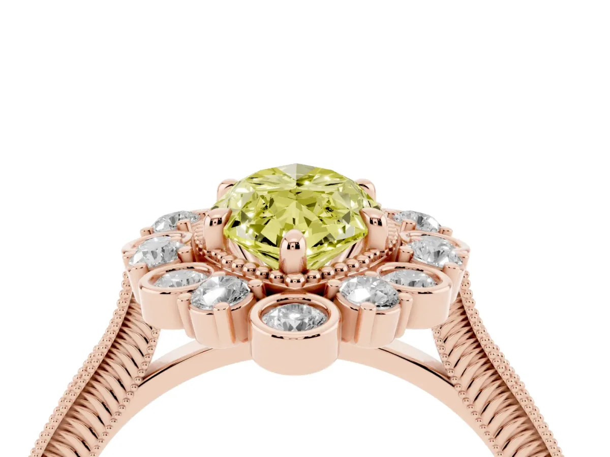 Fancy Yellow Marquise Cut Halo Milgrain Pave Diamond Ring with Four-Prong Setting Rose gold