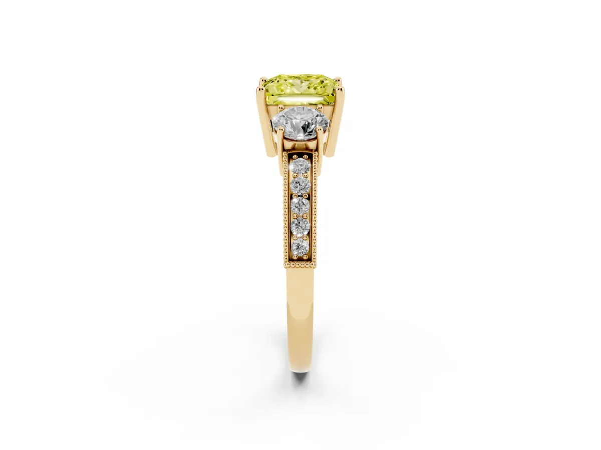 Fancy Yellow Princess Cut Three-Stone Diamond Ring with Pavé Band and Four-Prong Setting Yellow gold
