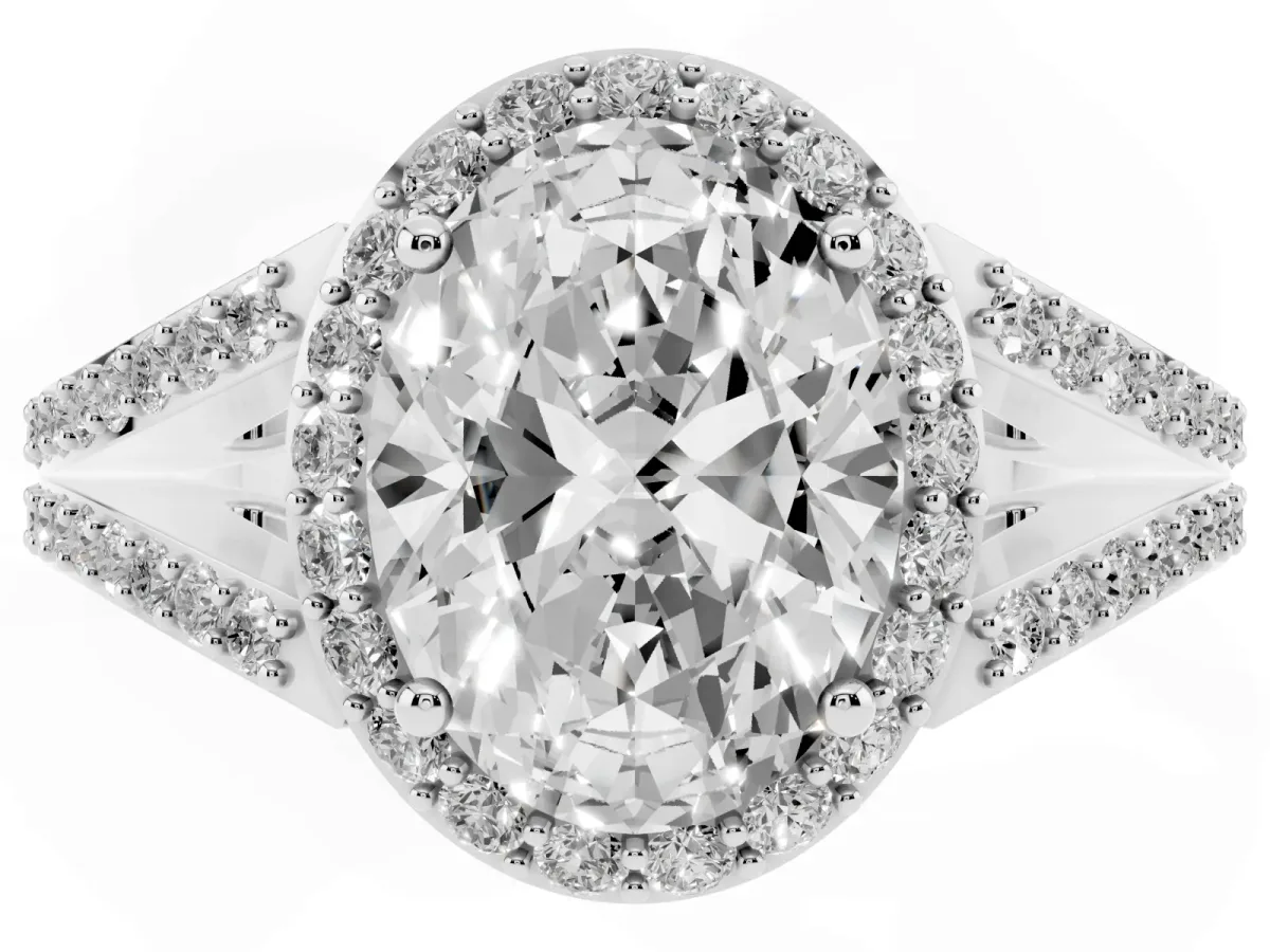 Oval Cut Halo Split Shank Pave Diamond Ring with Four-Prong Setting Silver