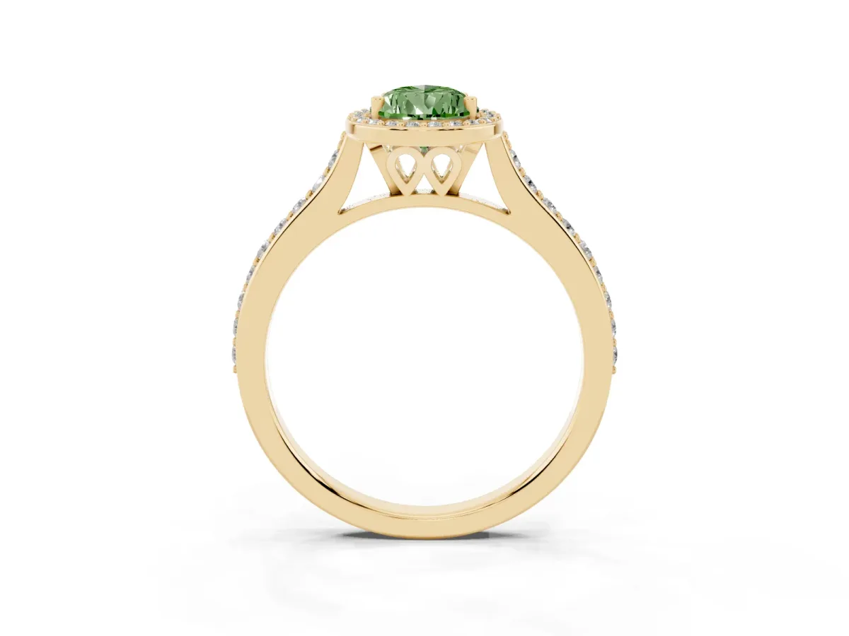 Fancy Green Pear Cut Diamond Halo Engagement Ring with Round Pavé Shoulders and Prong Setting Yellow gold