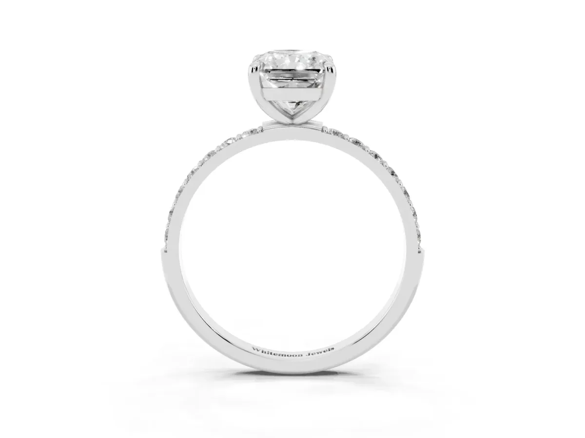 Radiant Cut Diamond Solitaire Ring with Round Pavé Band and Prong Setting Silver