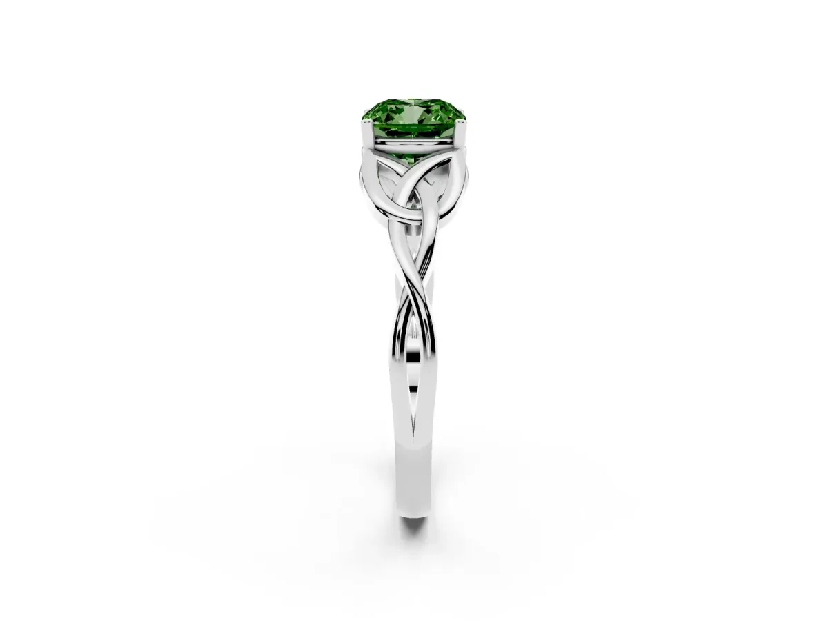Fancy Green Cushion Cut Diamond Solitaire Engagement Ring with Celtic Knot Band and Four-Prong Setting Platinum