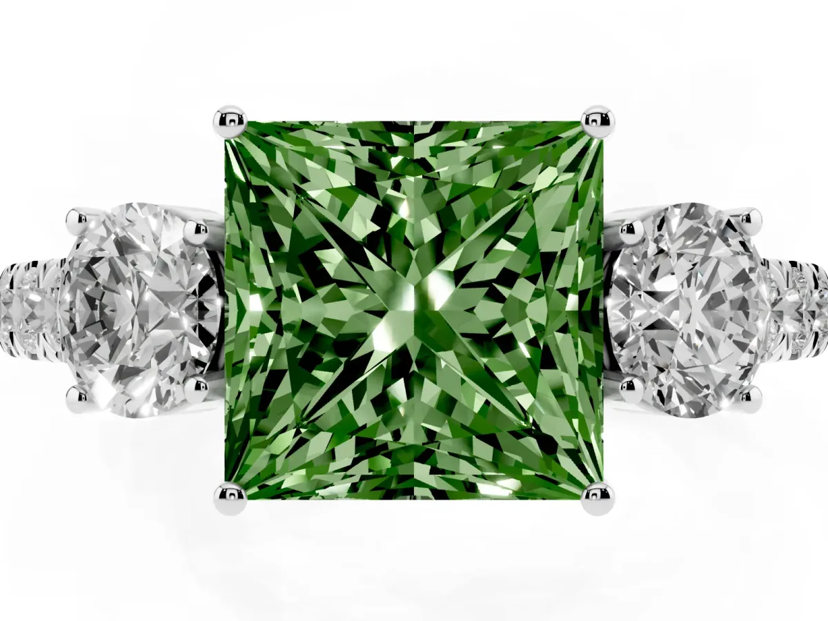 Fancy Green Princess Cut Cut Diamond Three-Stone Ring with Round Side Stones and Pavé Band Silver