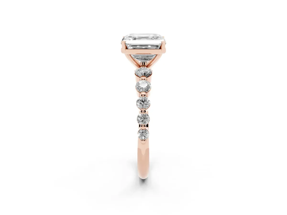Asscher Cut Solitaire Diamond Ring with Pave Band and Four-Prong Setting Rose gold