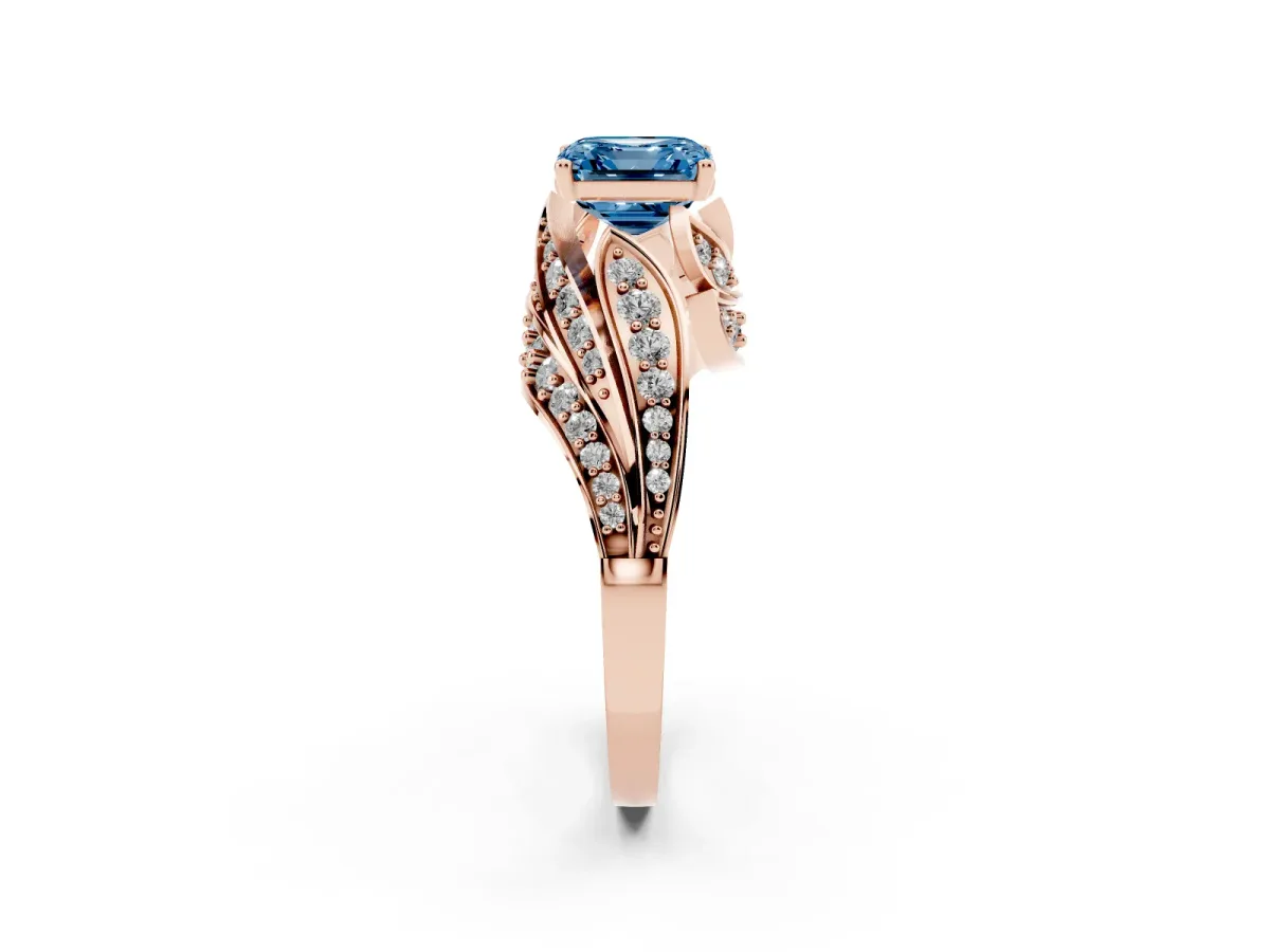 Fancy Blue Asscher Cut Diamond Solitaire Ring with Prong Setting and Twisted Pavé Band Rose gold