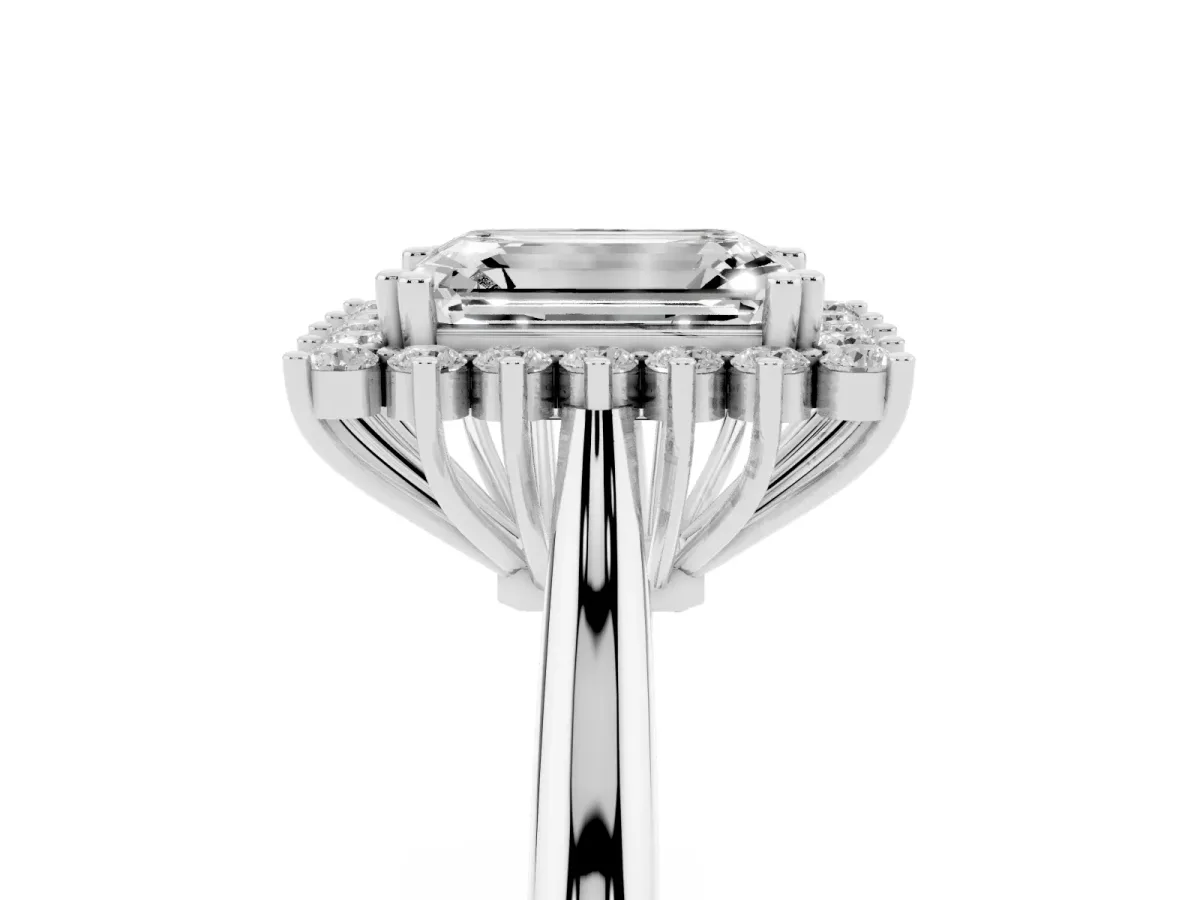 Emerald Cut Cut Diamond Halo Ring with Solitaire Band and Prong Setting Silver