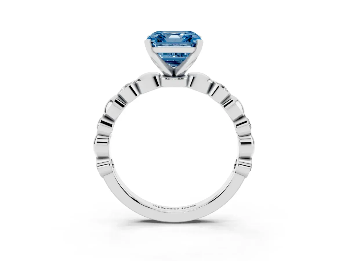 Fancy Blue Asscher Cut Solitaire Bezel-Set Diamond Ring with Beaded Band and Four-Prong Setting Silver
