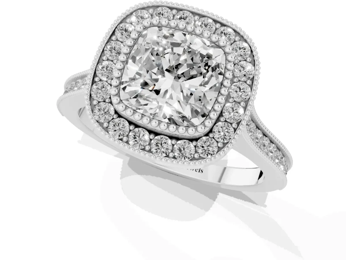 Cushion Cut Diamond Halo Ring with Milgrain Frame and Pavé Band Silver