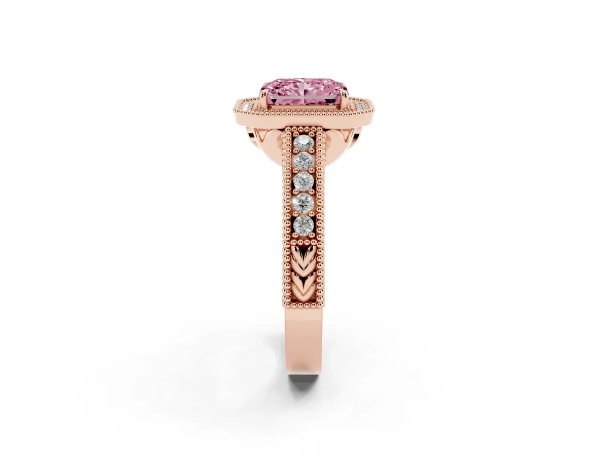 Fancy Pink Radiant Cut Cut Halo Diamond Ring with Pavé Band and Four-Prong Setting Rose gold