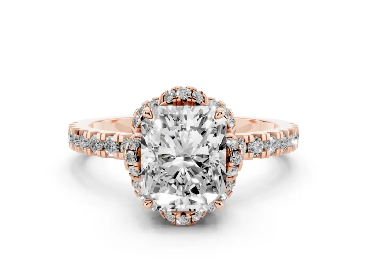 Radiant Cut Diamond Halo Pave Band with Four-Prong Setting Rose gold